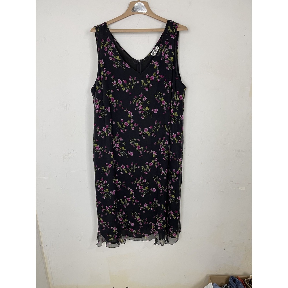 Robbie Bee Woman Plus Size 24W Black Pink Floral Silk Sleeveless Midi Dress Ruff